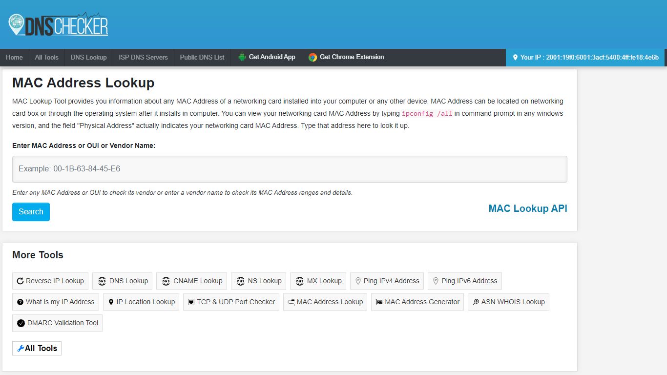 MAC Address Lookup - MAC Lookup Online - DNS Checker